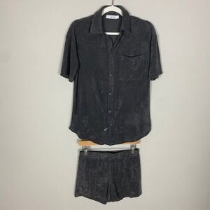 Barefoot Dreams Beach Set Charcoal Grey Terry Cloth Button Up Shirt & Shorts XS